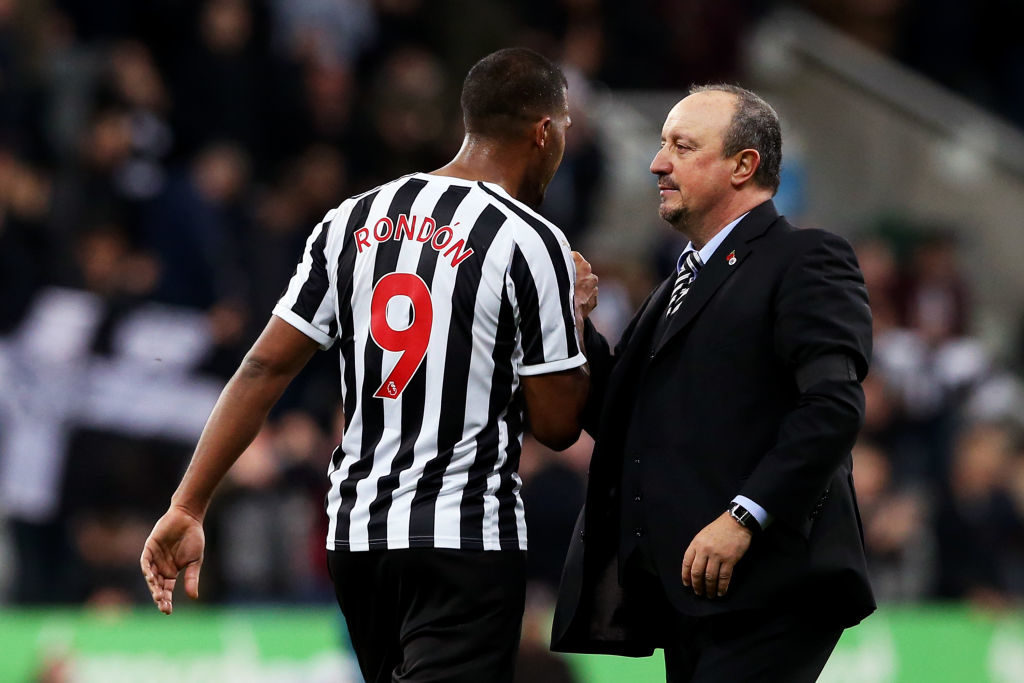 Salomon Rondon hugs Rafael Benitez after a game against Watford in 2018.