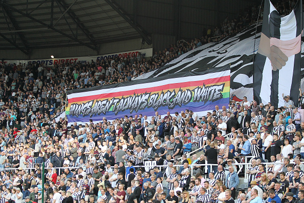Newcastle United fans unveil a banner in support of LGBT and anti racism during the Premier League match between Newcastle United and Southampton a...