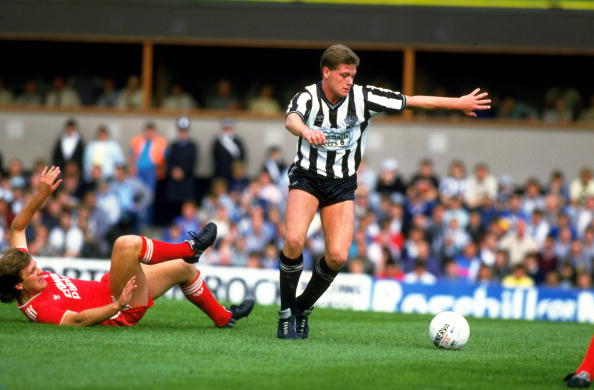 23 Aug 1986:  Paul Gascoigne of Newcastle United leaves Jan Molby of Liverpool sprawled on the ground during a Today League Division One match at S...