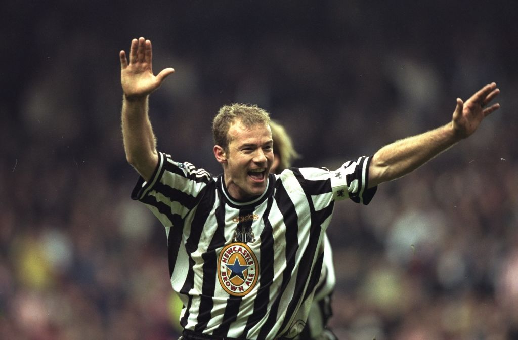 5 Apr 1998:  Newcastle's Alan Shearer celebrates scoring the winning goal during the match between Newcastle United and Sheffield United in the Sem...