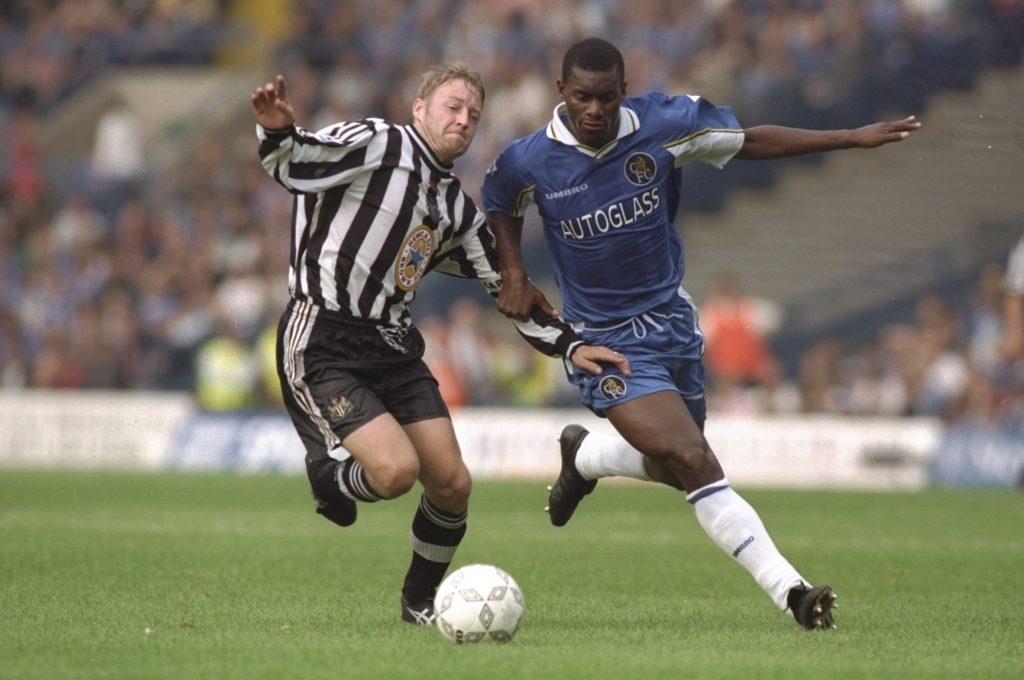 David Batty of Newcastle and Bernard Cambourde of Chelsea