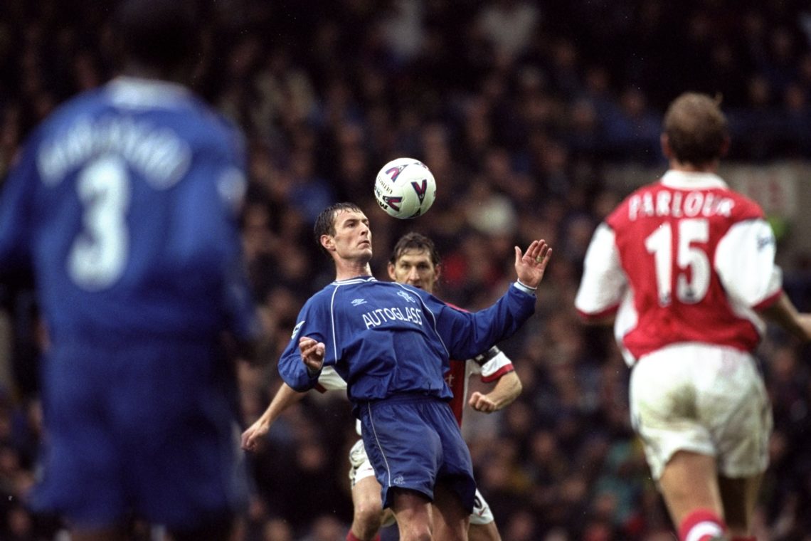 23 Oct 1999:  Chris Sutton of Chelsea holds off Tony Adams of Arsenal during the FA Carling Premier League match played at Stamford Bridge, London....