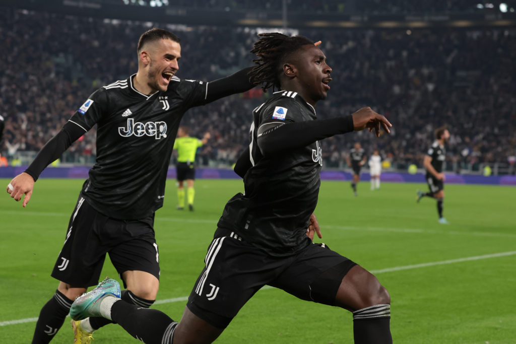 Moise Kean celebrates after scoring a goal for Juventus
