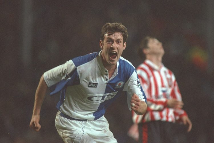 30 Nov 1996:  Chris Sutton of Blackburn turns to celebrate after scoring during the FA Carling Premier league match between Blackburn Rovers and So...