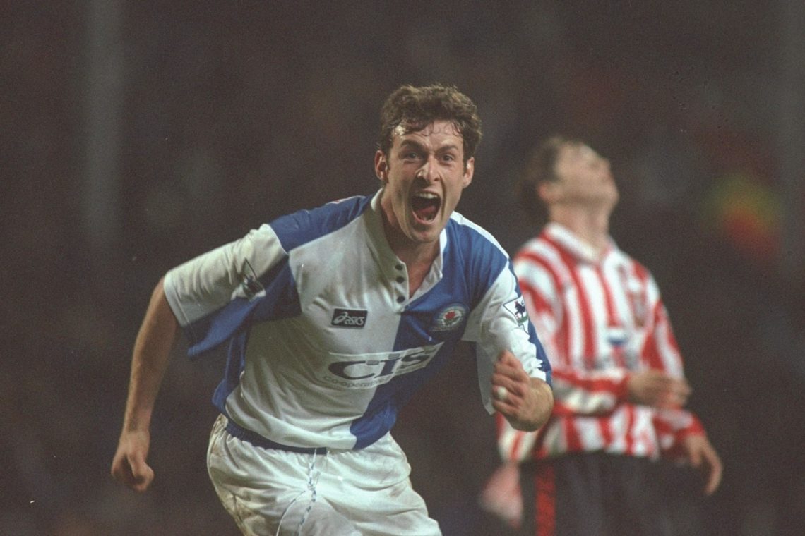 30 Nov 1996: Chris Sutton of Blackburn turns to celebrate after scoring during the FA Carling Premier league match between Blackburn Rovers and So...