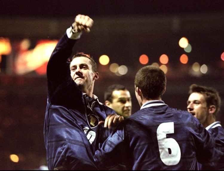 17 Nov 1999:  Don Hutchison #10 celebrates his 39th minute goal for Scotland during the Euro 2000 play-off second leg match against England at Wemb...