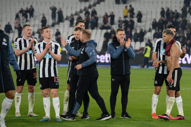 third from right claps the fans  during the Premier League match between West Ham United and Newcastle United at London Stadium on April 05, 2023 in London, England. (Photo by Serena Taylor/Newcastle United via Getty Images