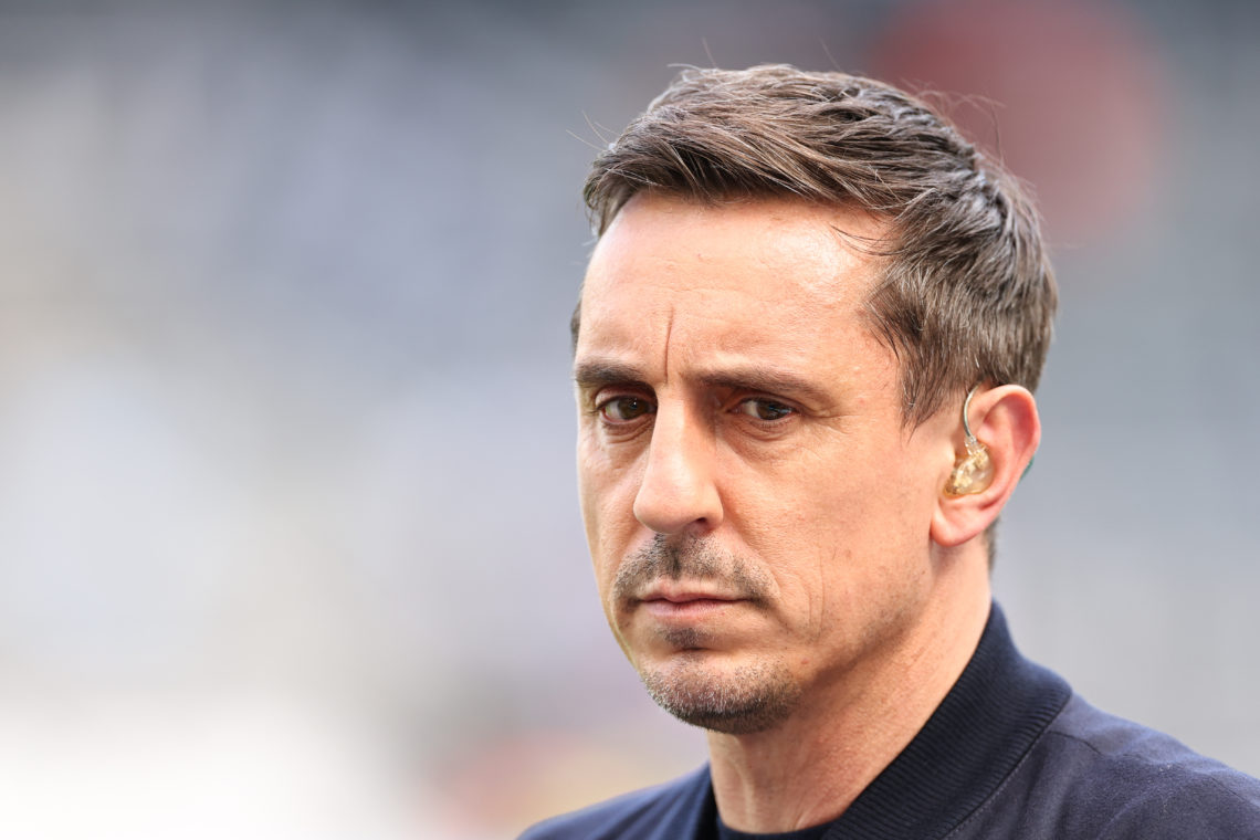 NEWCASTLE, ENGLAND - MAY 7: Gary Neville working as a TV pundit for Sky Sports ahead of the Premier League match between Newcastle United and Arsen...