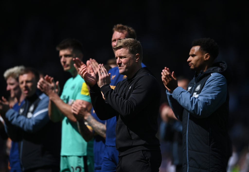 Eddie Howe applauds the Newcastle United fans after a Premier League draw against Leeds at Elland Road.