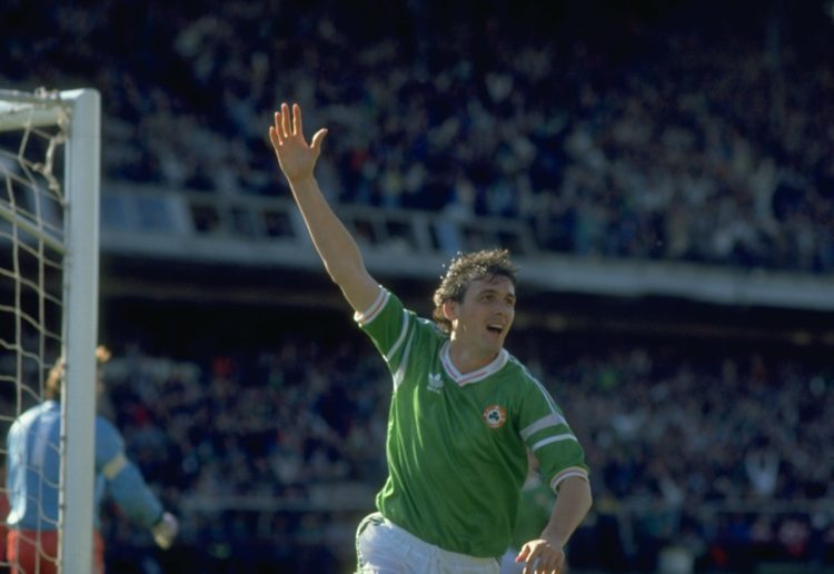 28 Mar 1990:  Tony Cascarino of Eire celebrates a goal during a match against Wales at Lansdowne Road in Dublin, Eire. Eire won the match 1-0.  Man...