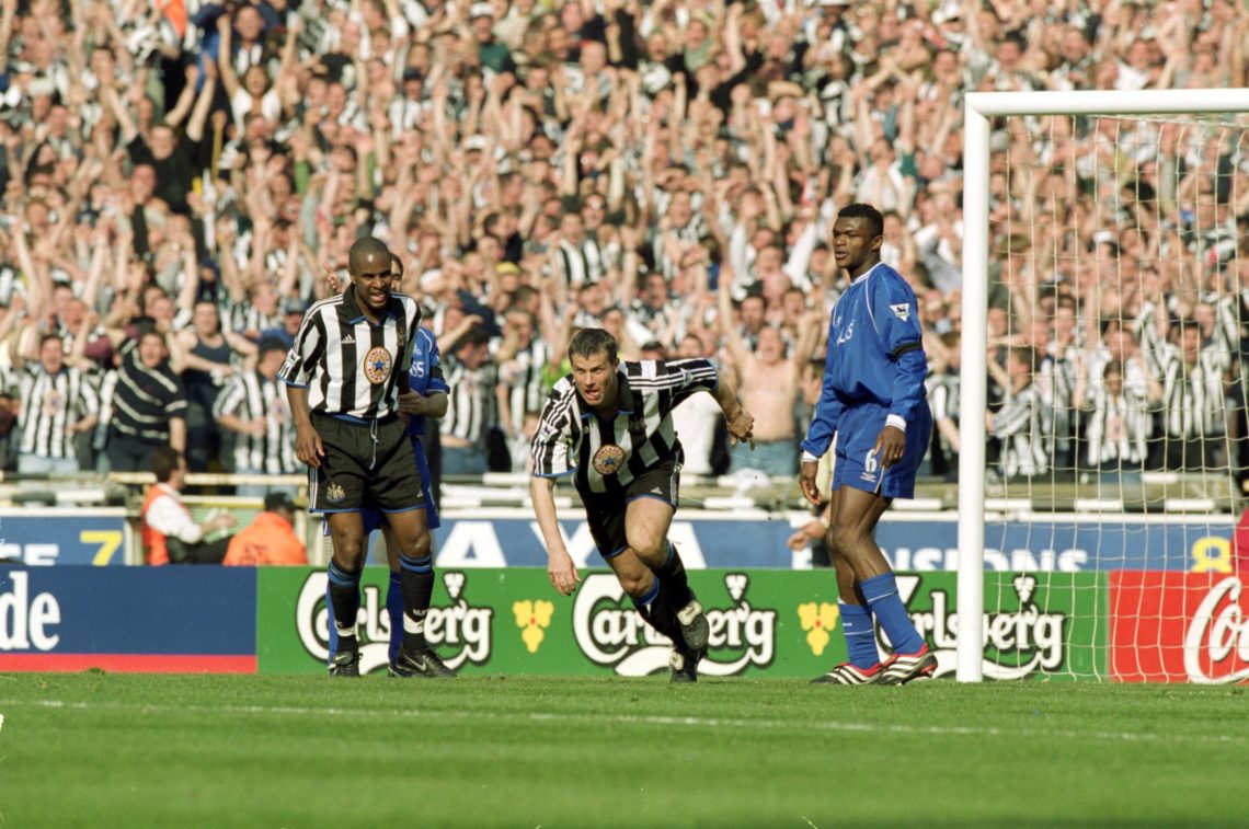 10 Apr 2000: Rob Lee of Newcastle (middle) celebrates after scoring Newcastle's goal during the FA Cup Semi-final game at Wembley in London, Englan...
