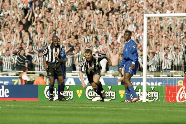 10 Apr 2000: Rob Lee of Newcastle (middle) celebrates after scoring Newcastle's goal during the FA Cup Semi-final game at Wembley in London, Englan...