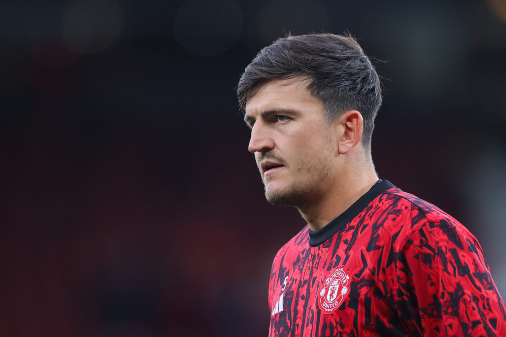 Newcastle United transfer target Harry Maguire warms up for Manchester United v Wolverhampton Wanderers in Premier League before deadline day