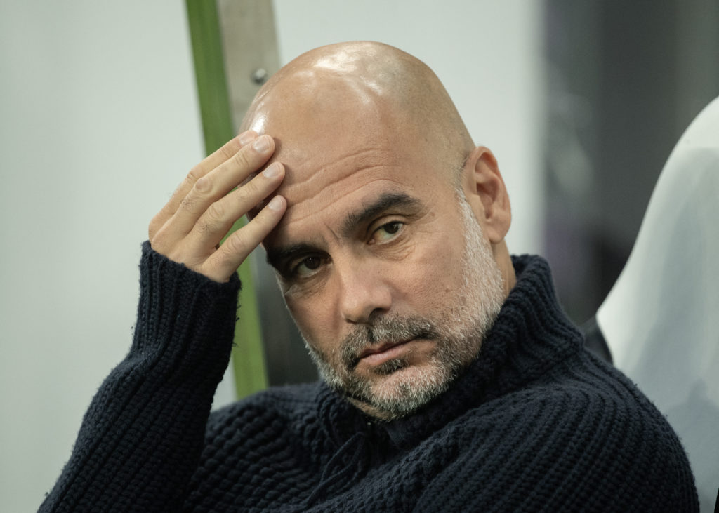 Pep Guardiola is seen before Newcastle United play against Manchester City.