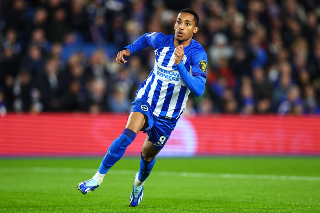 Joao Pedro chases a ball down during Brighton's game against AFC Ajax in the Europa League.