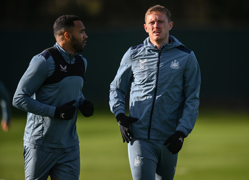 Callum Wilson and Sean Longstaff warm up during the Newcastle United Training Session at the Newcastle United Training Centre
