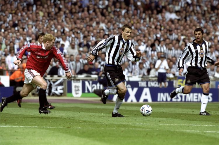 22 May 1999:  Dietmar Hamann of Newcastle United in action against Paul Scholes of Manchester United during the AXA FA Cup Final match against Manc...