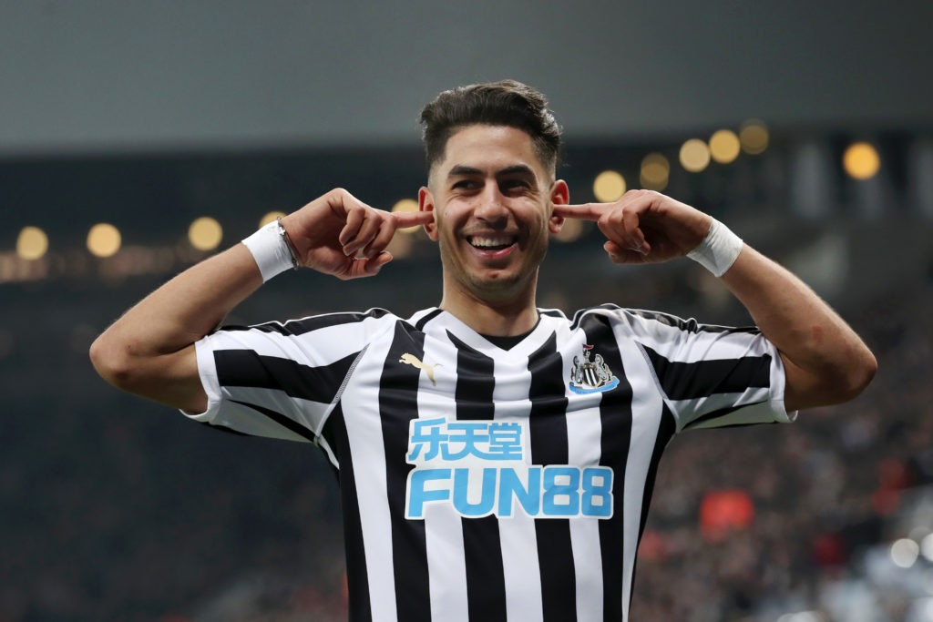 Ayoze Perez celebrates after scoring in a Premier League game between Newcastle United and Cardiff City.