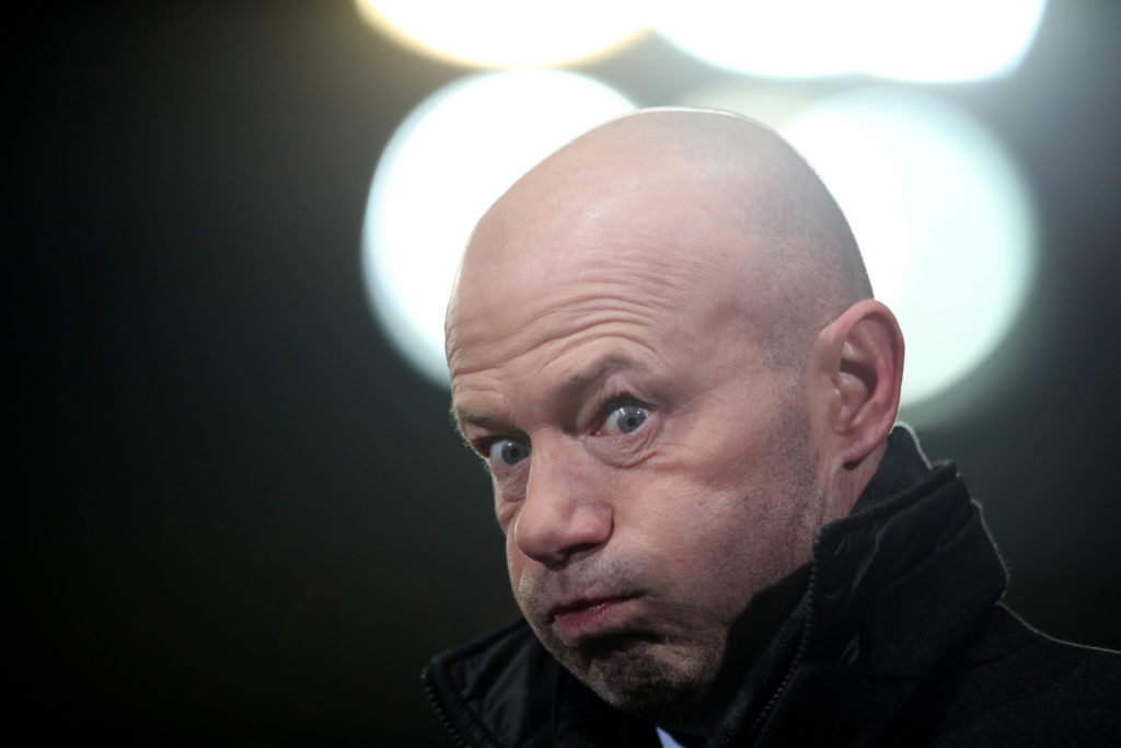 Alan Shearer puffs out his cheeks during an FA Cup game between Oxford United and Newcastle United.