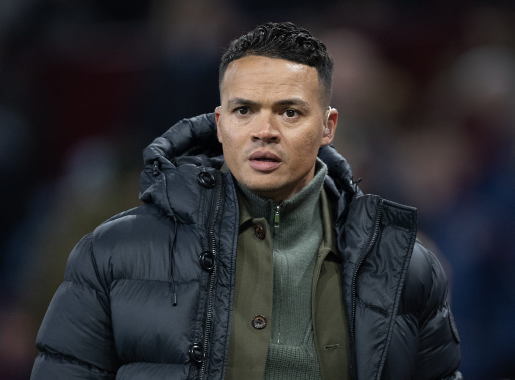 Jermaine Jenas does punditry during a Premier League game between Aston Villa and Newcastle United.