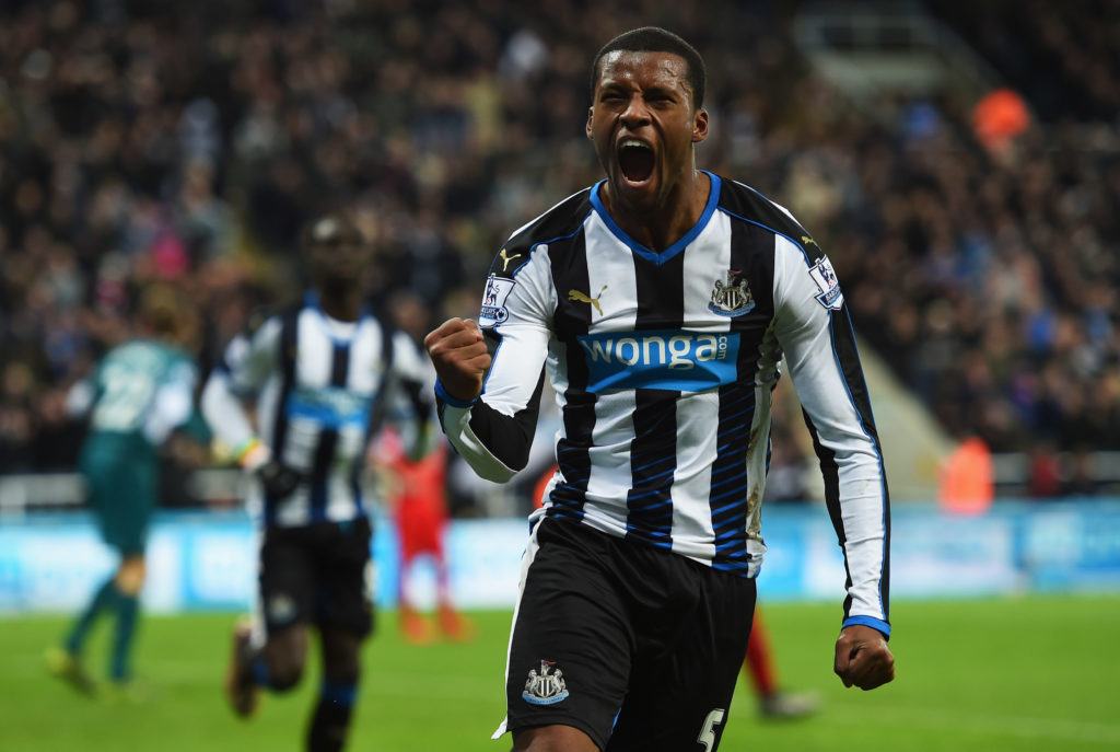 Georginio Wijnaldum celebrates after scoring in a Premier LEague game between Newcastle United and Chelsea.