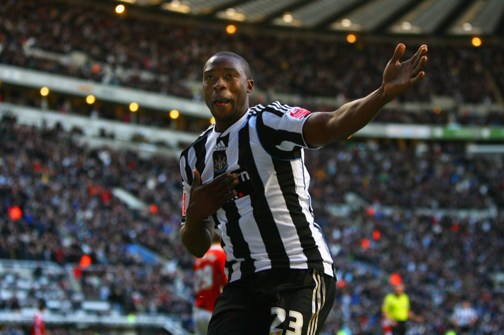 Shola Ameobi celebrates a goal for Newcastle United against Middlesbrough.