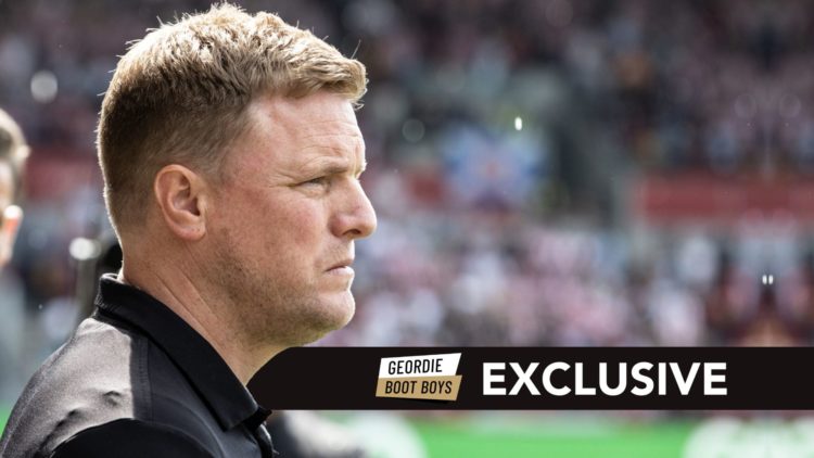Newcastle United's manager Eddie Howe looks on during the Premier League match. Overlaid, a GBB EXCLUSIVE banner.