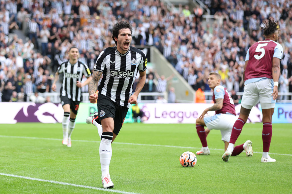 Sandro Tonali celebrates after scoring for Newcastle United against Aston Villa.