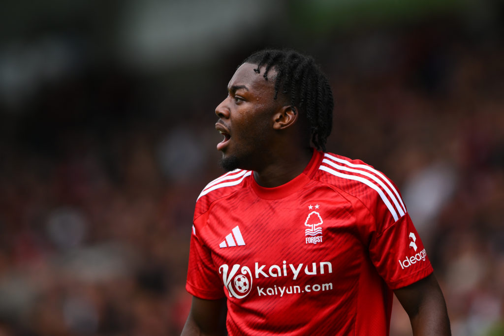 Anthony Elanga shouts to a teammate while playing for Nottingham Forest.