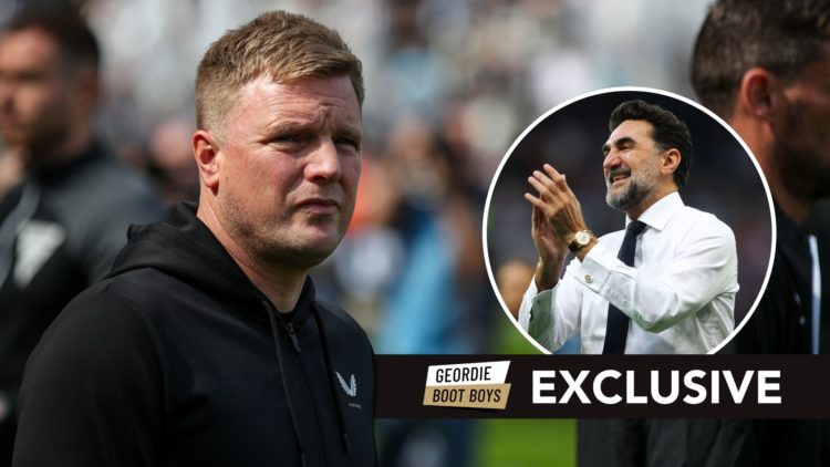 Newcastle United manager Eddie Howe looks on. Inset, Yasir Al-Rumayyan, chairman of Newcastle United, during the Premier League match.