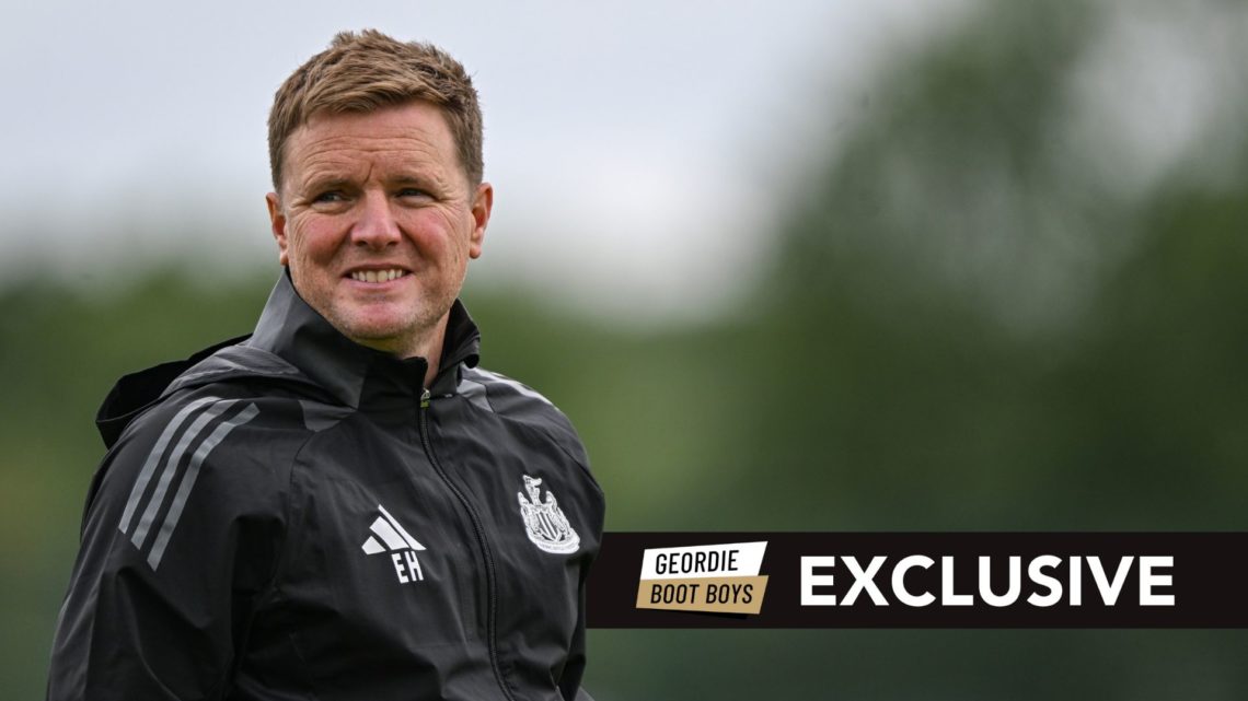 Newcastle United Head Coach Eddie Howe during the Newcastle United First Team Pre Season Training Session. Overlaid, an exclusive banner.