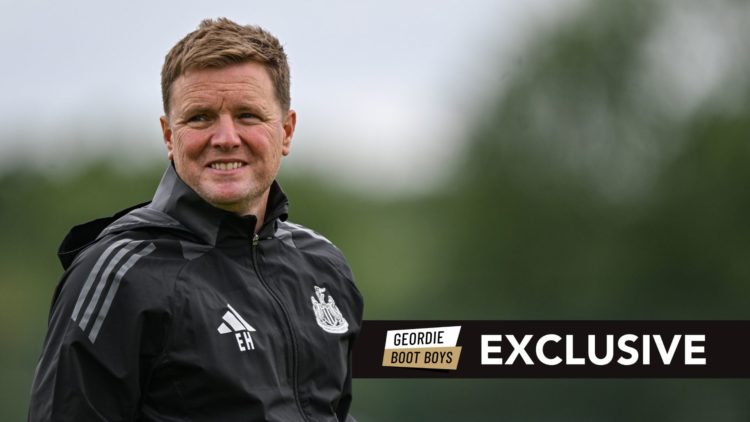 Newcastle United Head Coach Eddie Howe during the Newcastle United First Team Pre Season Training Session. Overlaid, an exclusive banner.