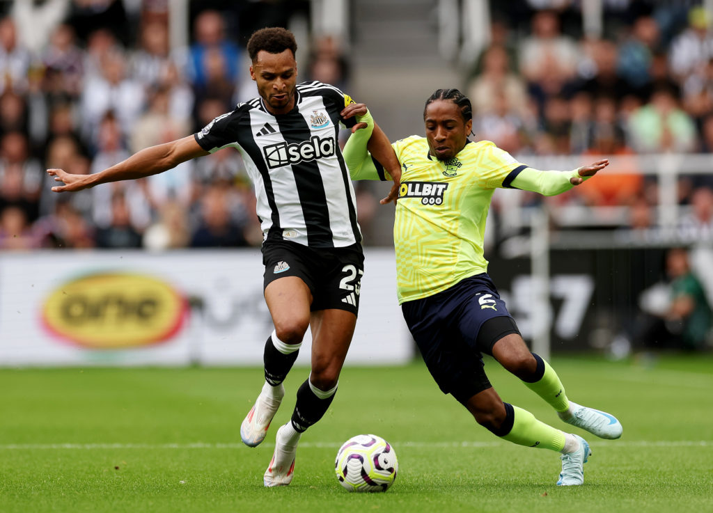 Kyle Walker-Peters challenges for the ball in a game between Newcastle United and Southampton.