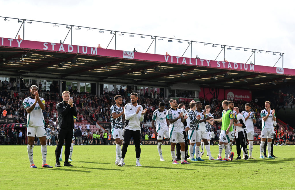 Eddie Howe and Newcastle United players clap towards fans after a Premier League draw with Bournemouth.