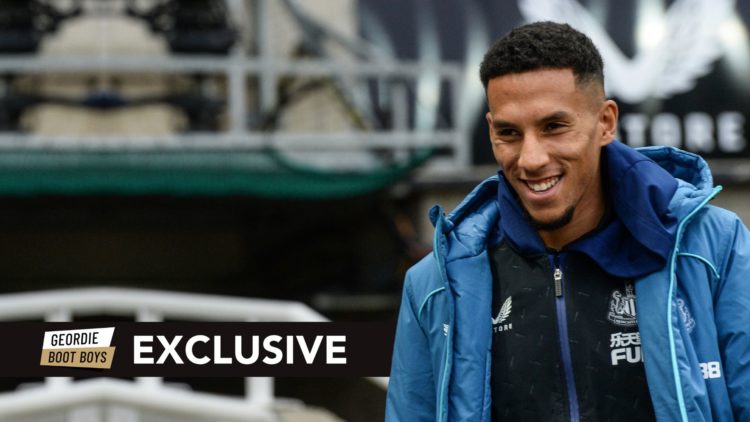 Isaac Hayden of Newcastle United FC (14) rrives for the Premier League match. Overlaid, an exclusive banner.