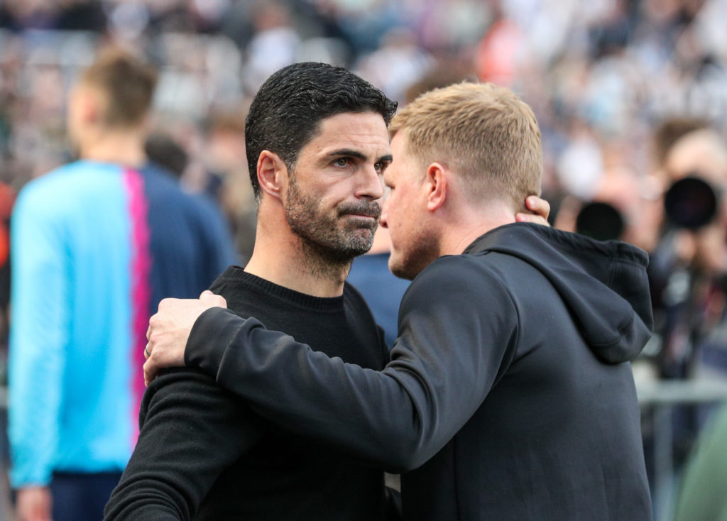 Eddie Howe greets Mikel Arteta before Newcastle United play Arsenal in the Premier League at St James' Park.