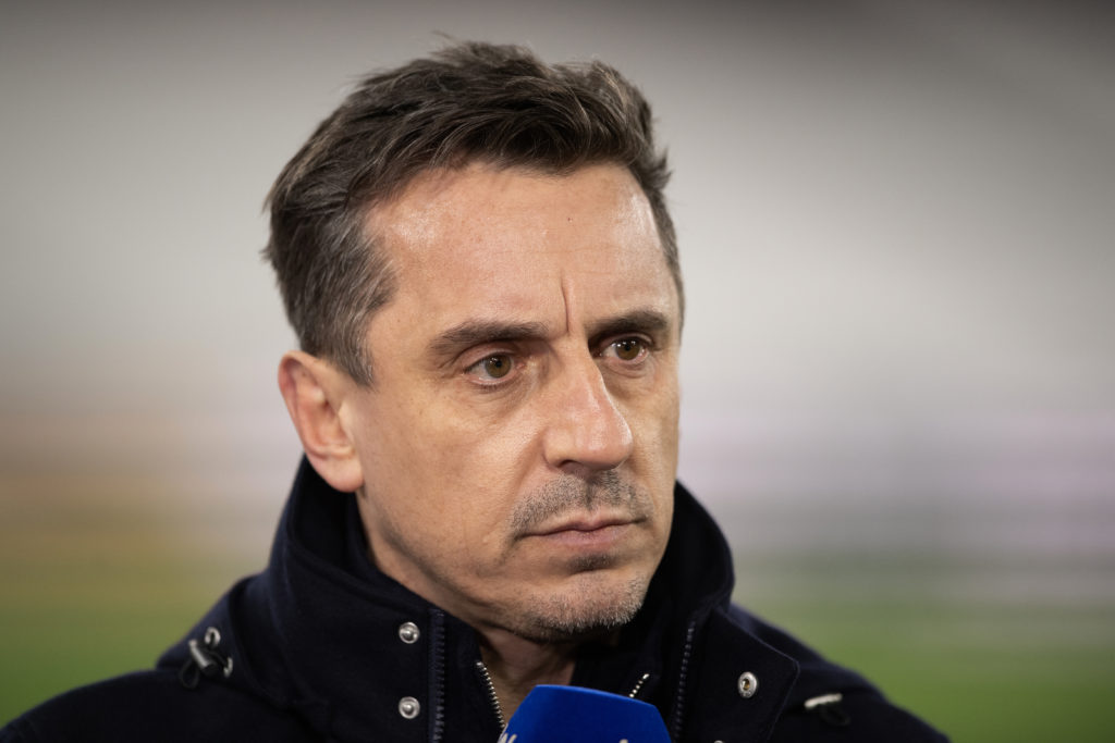 Gary Neville speaks as a pundit before West Ham vs Brentford in the Premier League.