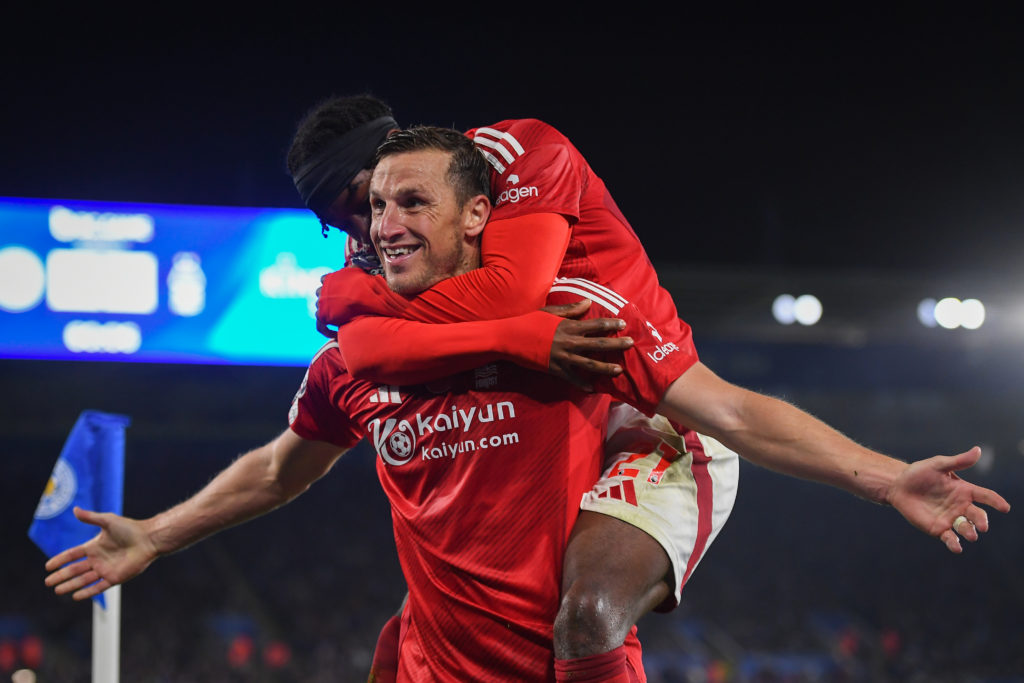 Anthony Elanga celebrates with Chris Wood after scoring in a game between Leicester and Nottingham Forest
