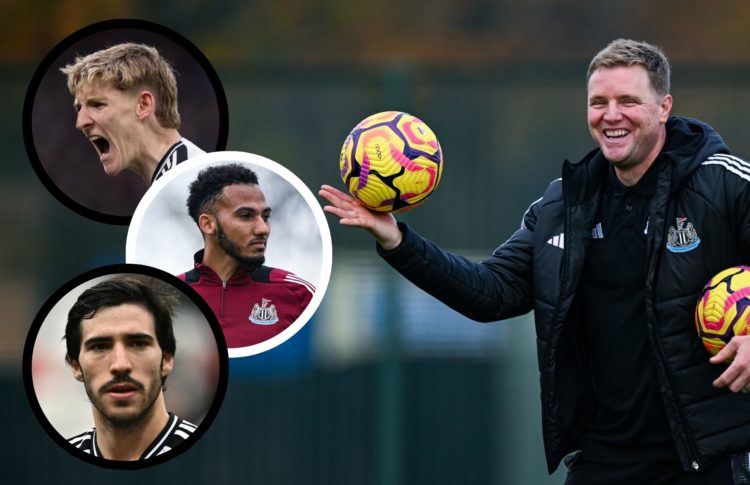 Collage of Eddie Howe, Anthony Gordon, Lloyd Kelly, Sandro Tonali.