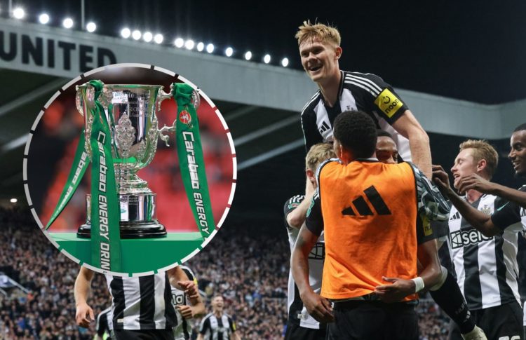 Collage of Newcastle players celebrating and Carabao Cup trophy.