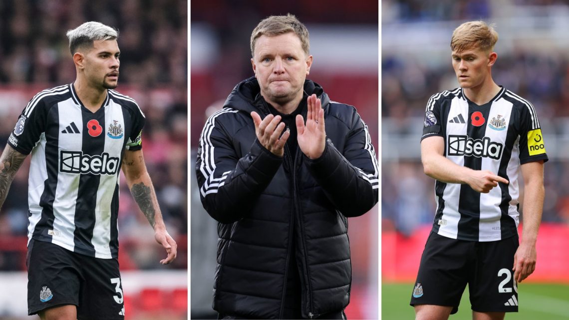 Split image of Bruno Guimaraes, Eddie Howe, and Lewis Hall.