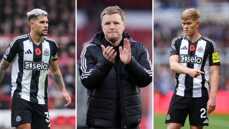 Split image of Bruno Guimaraes, Eddie Howe, and Lewis Hall.