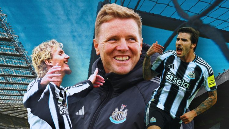 Collage of Eddie Howe, Nick Woltemade and Sandro Tonali in front of a St. James' Park back ground.