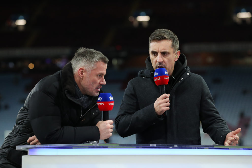 Sky Sports pundits Jamie Carragher and Gary Neville during the Premier League match between Aston Villa and Sheffield United