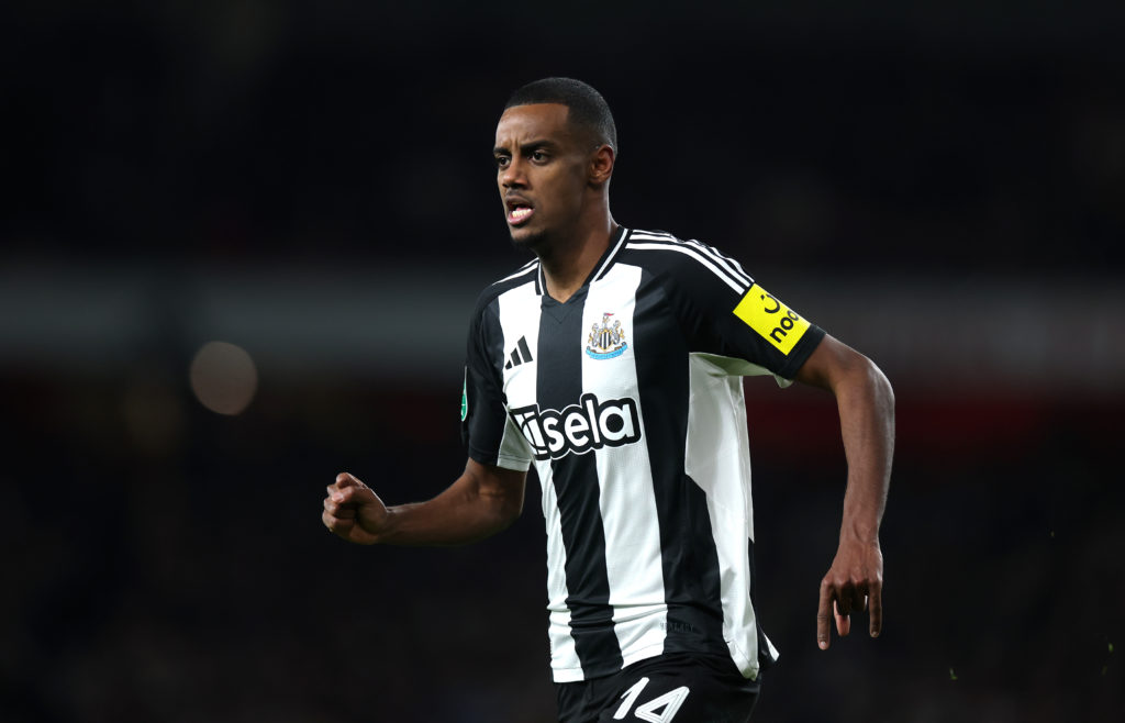 Alexander Isak is pictured playing for Newcastle United against Arsenal in the Carabao Cup semi-final.
