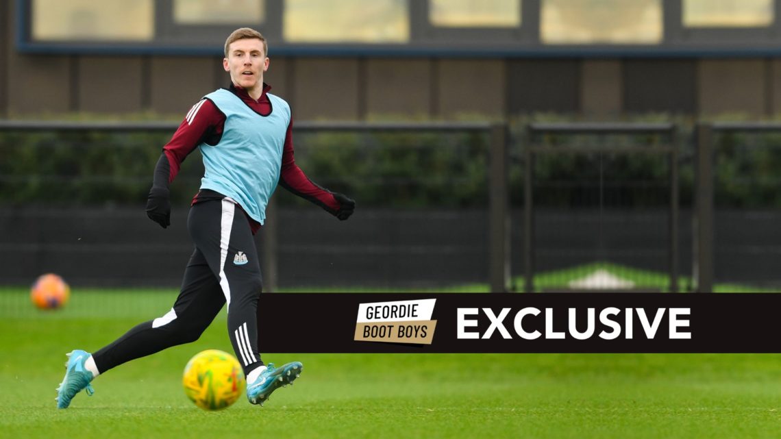 Matt Targett of Newcastle United passes the ball during the Newcastle United Training Session at Newcastle United Training Centre on December 16, 2...