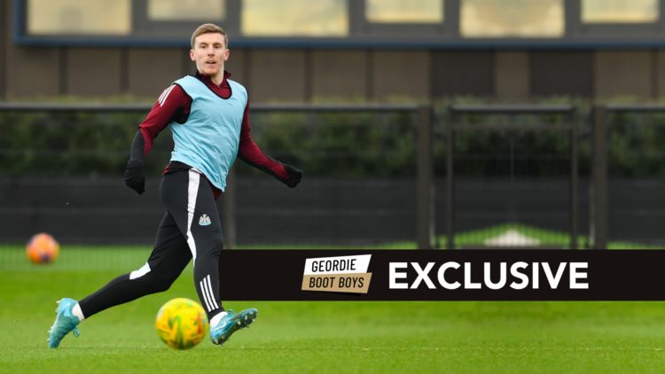 Matt Targett of Newcastle United passes the ball during the Newcastle United Training Session at Newcastle United Training Centre on December 16, 2...