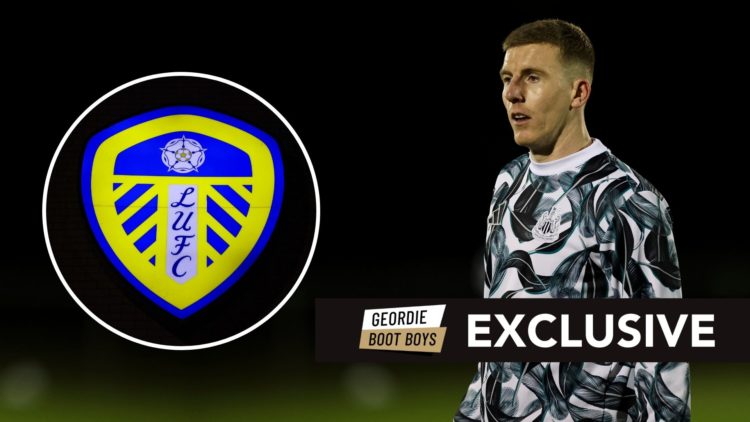 Matt Targett of Newcastle United warms up. Inset, the Leeds United badge.