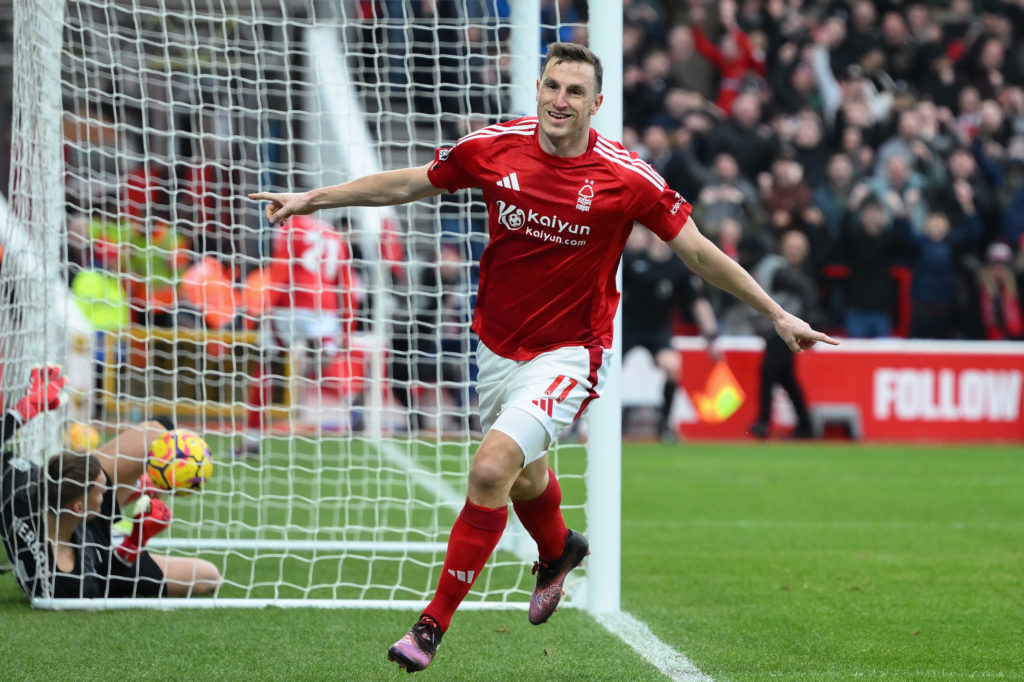Chris Wood celebrates a goal for Nottingham Forest.