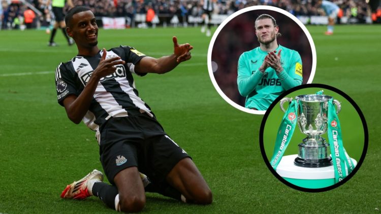 Newcastle United's Alexander Isak knee-sliding in celebration with two insets of Loris Karius and the Carabao Cup trophy.